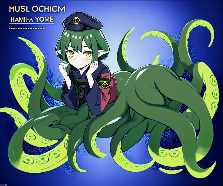 lamia, harpy, centaur, scylla, mermaid, arachne (8k uhd, masterpiece, best quality, high quality, absurdres, ultra-detailed), solo, 1girl <lora:Squidlegs_V1.0:0.8>, squidlegs, tentacles, monster girl, scylla, solo, 1girl,(hair tentacles:1.2), pointy ears, eldritch abomination, menacing, flappy sleeves, long sleeves, loose sleeves, military hat, military jacket, tentacle legs, green hair, green tentacles, bulletproof vest, <lora:colorfix:1.0>, detailed background, smug, partially underwater shot, <lyco:GoodHands-beta2:1.0>, japanese text, good hands, nice hands, perfect hands, eldritch, paracausal, <lora:breastsizeslideroffset:-1.0>, thoughtful expression, on stomach, floating, yellow eyes, squid eyes,