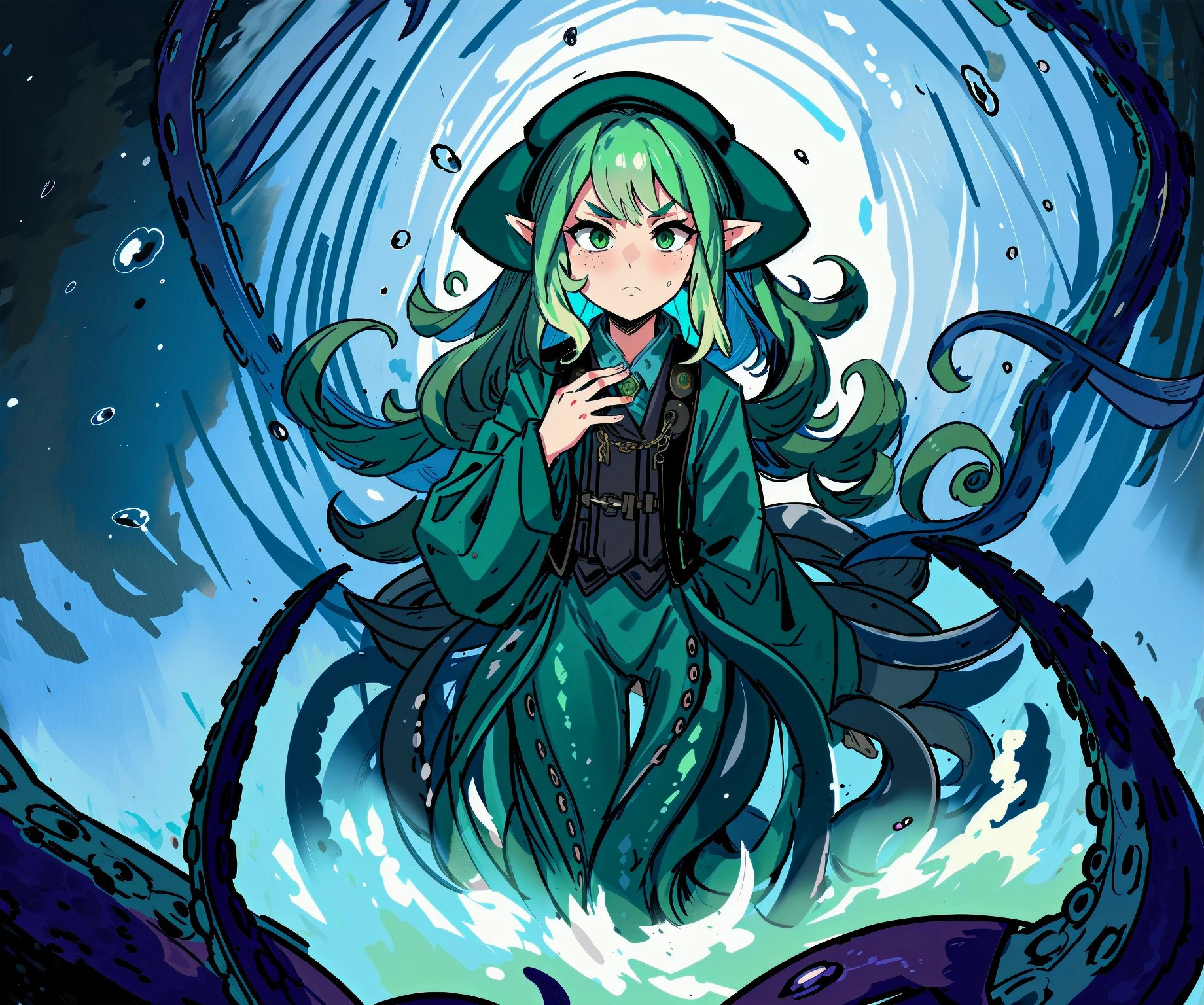 (8k uhd, masterpiece, best quality, high quality, absurdres, ultra-detailed), solo, 1girl <lora:Squidlegs_V1.0:0.8>, squidlegs, tentacles, monster girl, scylla, solo, 1girl, tentacle hair, pointy ears, eldritch abomination, menacing, flappy sleeves, long sleeves, loose sleeves, military hat, military jacket, tentacle legs, green hair, green tentacles, bulletproof vest, <lora:colorfix:1.0>, detailed background, smug, partially underwater shot, <lyco:GoodHands-beta2:1.0>, japanese text, good hands, nice hands, perfect hands, <lora:akairiot:0.45>, eldritch, paracausal, <lora:breastsizeslideroffset:-1.0>,