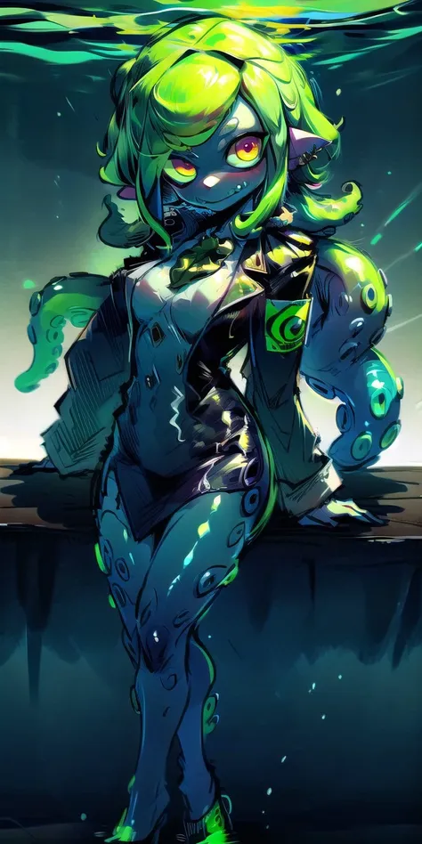 anthro, monster girl, colored skin, furry  (8k uhd, masterpiece, best quality, high quality, absurdres, ultra-detailed), (solo, 1girl:1.2) lovecraftian, (green tentacle hair, green tentacle legs, eldritch_abomination:1.2) scylla, eldritch, monster girl, <lora:Cthulhu:0.35>,  <lora:add_detail:1>, <lora:splatoon:0.5>, (leg tentacles:1.35),  <lora:detailed_eye_V2:1.0>, overcoat, bulletproof vest,  <lora:colorfix:1.25>,  <lora:edgElegant:1.0>, edgelegant, flat chest, piercing glowing eyes, <lora:Scylla:1.0>, submerged, clothed, uniform,