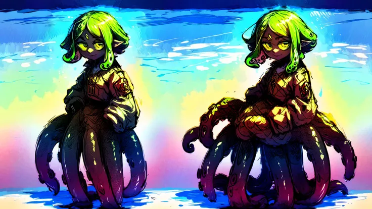 (8k uhd, masterpiece, best quality, high quality, absurdres, ultra-detailed), (solo, 1girl:1.2) lovecraftian, (green tentacle hair, green tentacle legs, eldritch_abomination:1.2) scylla, eldritch, monster girl, <lora:Cthulhu:0.35>, <lora:add_detail:1.35>, <lora:splatoon:0.5>, (leg tentacles:1.35), <lora:detailed_eye_V2:1.0>, overcoat, bulletproof vest, <lora:colorfix:1.25>, <lora:edgElegant:1.0>, edgelegant, flat chest, piercing glowing eyes, <lora:Scylla:1.0>, submerged, clothed, uniform, eight tentacle legs, squid lower half, smug, floating hair, hovering, human skin, green tentacles, <lora:akairiot:0.45>, pale skin, <lora:breastsizeslideroffset:-1.0>, elf ears, underwater background, loose clothes, flappy sleeves, long sleeves, face, <lyco:image_compositionLoCon:1.0>, character focus, (tentacles for legs:1.35), tentacles, fused at hip, <lyco:aiomonstergirls_aiov2LoraLocon:1.35>, many tentacles,