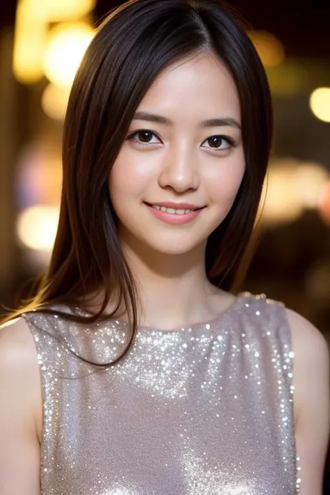 1girl,(wearing a  sleeveless glittery evening dress:1.3),(RAW photo, best quality), (realistic, photo-realistic:1.4), masterpiece, an extremely delicate and beautiful, extremely detailed, 2k wallpaper, Amazing, finely detail, extremely detailed CG unity 8k wallpaper, ultra-detailed, highres, soft light, beautiful detailed girl, extremely detailed eyes and face, beautiful detailed nose, beautiful detailed eyes,cinematic lighting,city lights at night,perfect anatomy,smiling   <lora:aizawarina_lora:0.7>