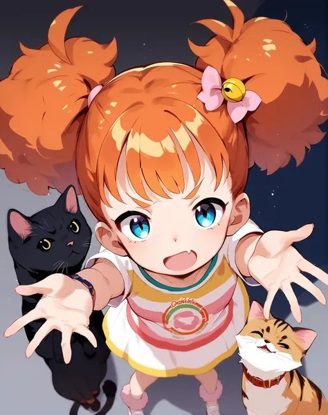 score_9, score_8_up, score_7_up, rating safe,a girl lifting a cat, outstretched arms, o:, from above,( holding cat:1.2), twintails,poodle hair, orange hair, v-shaped eyebrows,
,<lora:ookami_uo_style_pony6_v3-000034:.9>