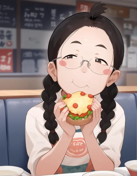 score_9,score_8_up,score_7_up, rating_safe, a girl eating in a restaurant, twin braids, glasses, forehead, light smile, blush stickers, 
<lora:ookamiuo_style_pony6_v1-000018:1>