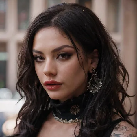 (masterpiece:1.2), (best quality,:1.2), 8k, HDR, ultra detailed, ((photorealistic)), professional light, cinematic lighting, fashion photography, ambient lighting, face lighting, Mason, <lora:Mason-10:1>, earrings, choker, dark makeup, lipstick, long and wild and messy hair, ((portrait shot)), dynamic pose, <lora:detail_slider_v4:2>, OverallDetail, fhanddetail:1.4, ffacedetail:1.4, skindetail, hairdetail, looking at viewer, epiCPhoto, turtleneck pullover