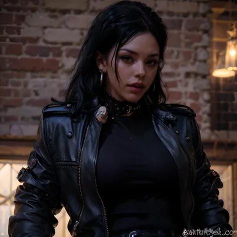 (masterpiece:1.2), (best quality,:1.2), 8k, ultra detailed, ((photorealistic)), fantasy, professional light, cinematic lighting, ambient lighting, face lighting, Mason, <lora:Mason:1>, 25 years old, as biker chick, choker, earrings, dark lipstick, long and messy black hair, (upper body shot), leather jacket, turtleneck pullover