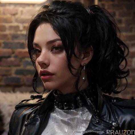 (masterpiece:1.2), (best quality,:1.2), 8k, ultra detailed, ((photorealistic)), fantasy, professional light, cinematic lighting, ambient lighting, face lighting, Mason, <lora:Mason:1>, 25 years old, as biker chick, choker, earrings, dark lipstick, long and messy black hair, (upper body shot), leather jacket, white turtleneck shirt