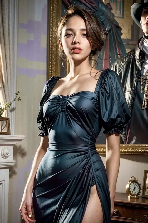 (realistic:1.3), finely detailed, quality, rembrandt lighting, (masterpiece:1.2), (photorealistic:1.2), (best quality), (detailed skin:1.3), (intricate details), dramatic, ray tracing, 1girl, french girl, 21 years old, detailed skin texture, (blush:0.5), (goosebumps:0.5), subsurface scattering, smiling, blonde hair, medium breasts, dress by Madame Gres, cowboy shot, (bright sunny day, indoors, 1930s aristocrat mansion, living room),  <lora:gres_1930s:1>