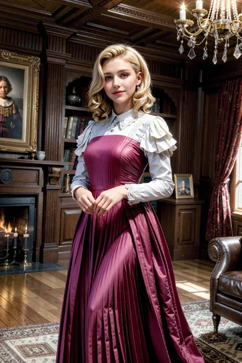 (realistic:1.3), finely detailed, quality, rembrandt lighting, (masterpiece:1.2), (photorealistic:1.2), (best quality), (detailed skin:1.3), (intricate details), dramatic, ray tracing, 1girl, french girl, 21 years old, detailed skin texture, (blush:0.5), (goosebumps:0.5), subsurface scattering, smiling, medium breasts, blonde hair, dress by Madame Gres, pleated gown, grecian gown, cowboy shot, (bright sunny day, indoors, 1940s aristocrat mansion, living room), <lora:gres_1940s_v1:1>