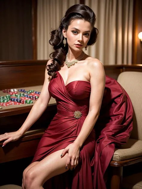 woman at a casino, fancy hair, wearing 1940s fashionable dress, braless, <lora:gres_1960s_v1:0.8> by Madame Gres