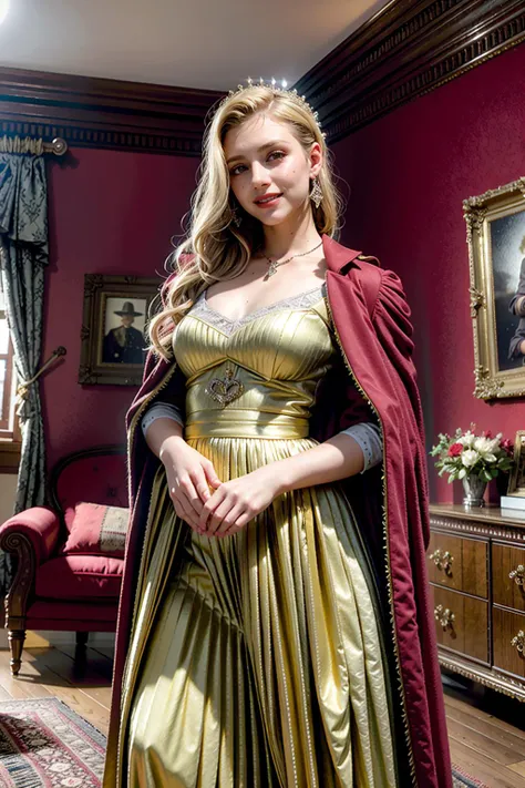 (masutepiece), Professional , masterpiece、top-quality、photos realistic , depth of fields (Gemstone Silver Metal Body:1.9),Background inside the castle、(Matte Red、Jewel Gold Weapon(Jewel Metal Body:1.4),Young 20 year old girl、(Gorgeous metal weapons) , Detailed Sword of the Brave , Beautiful knife ,warhammer 40k , adepta sororitas,(a blond),Detail and ornate jewel crown、Golden hair、Gangle's forest background、Beautiful Caucasian beauty、1a person、dynamic ungle,(((Detailed and ornate diamond crown)))、Smaller head、A smile、Powerful poseackground inside the castle、Thin and beautiful female hands、Old ancient ruins、A smile、cleavage of the breast、(Mystical expression)、