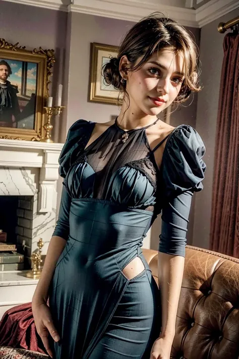 (realistic:1.3), finely detailed, quality, rembrandt lighting, (masterpiece:1.2), (photorealistic:1.2), (best quality), (detailed skin:1.3), (intricate details), dramatic, ray tracing, 1girl, french girl, 21 years old, detailed skin texture, (blush:0.5), (goosebumps:0.5), subsurface scattering, smiling, medium breasts, dress by Madame Gres, cowboy shot, (bright sunny day, indoors, 1930s aristocrat mansion, living room),  <lora:gres_1930s:1>