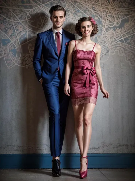 26 year old man ,Swept back waves, bright eyeshadow , Vintage dress in floral lace, cinched waist with ribbon, garter attachments and frilled lace hem, shoes, high heels, flat chest, posing with a man in a suit in front of graffiti-covered walls; the dimly lit space <lora:gres_1960s_v1:0.8> by Madame Gres <lora:emotion_happy_slider_v1:0.8>