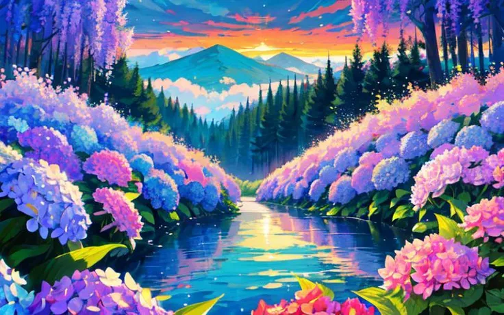 scenery, water, glistening water, overgrown flowers, hillside, fireflies, glowing fireflies, sunset, clouds, flower trees, hydrangea, wisteria tree, peony, rose, lily, forest, <lora:more_details:2>, 4k, 8k, (masterpiece, best quality, high resolution, high-quality, high quality, nebula in the sky, light particles
