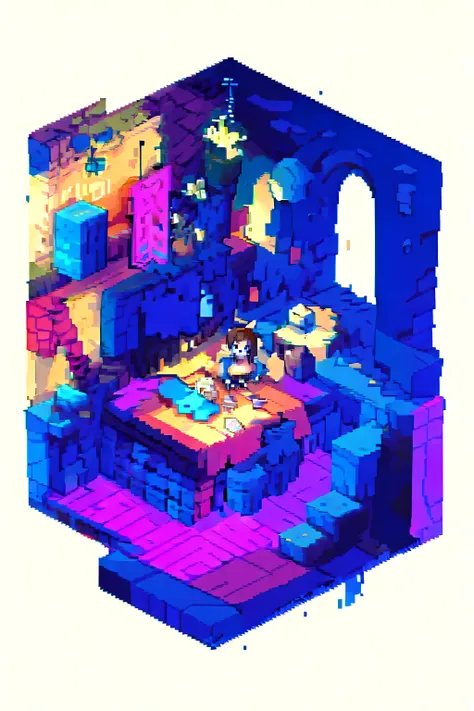 a young woman, blue short hair, sitting on a chair, working on laptop, cute atmosphere
cleavage, bare shoulders
best-quality, perfect anime illustration, masterpiece, highly detailed, high resolution, wide shot, high quality 
 <lora:pixel_5:1> (pixel, pixel art, isometry:1.2)
 <lora:gameV5_B8DA:0.5> [(white background:1.5), ::2]1girl, solo