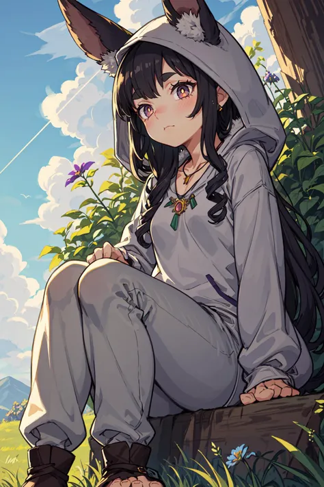 Candid Shot At Girl Picture, Volumetric Lighting, Best Shadows, Shallow Depth of Field, Portrait Of Stunningly Beautiful Girl, Yordle, Ears Fur, Delicate Beautiful Attractive Face With Sharpening Purple Eyes, Slit Pupils, Thick Eyebrows, Sleepy Eyes, Soft Smile, Closed Mouth, Lovely Small Breasts, (Grey Skin:1.2), Layered Short Green Wavy Hair, Blush Eyeshadow, Thick Eyelashes, Jewelry Necklace, In Hoodie, With Very Long Sleeves, Purple Loose Pants, Boots, Living Shadow, Peaceful Blue Sky, White Clouds, In The Hillside Wildflowers, Bunny Tail Grass, Light Rays, Swaying In The Breeze, Sitting With Legs Stretched Out, Barefoot, Looking Up, (Highest Quality, Amazing Details:1.25), (Solo:1.3), Brilliant Colorful Paintings