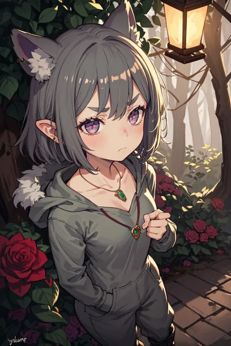 Candid Shot At Girl Picture, Volumetric Lighting, Best Shadows, Shallow Depth of Field, Portrait Of Stunningly Beautiful Girl, Yordle, Ears Fur, Delicate Beautiful Attractive Face With Sharpening Purple Eyes, Glowing Slit Pupils, Frown Thick Eyebrows, Sleepy Eyes, Expressionless, Closed Mouth, Lovely Small Breasts, (Grey Skin:1.2), Layered Short Green Wavy Hair, Blush Eyeshadow, Thick Eyelashes, Jewelry Necklace, In Hoodie, With Very Long Sleeves, Purple Loose Pants, Boots, Living Shadow, Deep Forest At Night, Withered Trees, [Pitch Darkness], Through The Mist, Oil Lantern, Rose Flower, Standing, (Highest Quality, Amazing Details:1.25), (Solo:1.3), Brilliant Colorful Paintings