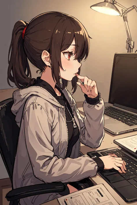 Original Character, Deep Depth Of Field, Sharp Focus, Portrait Of Stunningly Beautiful Sickly Girl, Soft Delicate Beautiful Attractive Face With Alluring Red Eyes, (Bags Under Eyes:1.1), Lovely Small Breasts, Sharp Eyeliner, Engrossed Face, Windswept Disheveled Brown Hair, Thick Layered Untidy Medium Ponytail Hairstyles, Dark Eyeshadow With Thick Eyelashes, Parted Lips, (Neko Headphone:1.05), Unzipped Jacket, (Side View Of Girl Using Laptop Computer While Sitting On Chair In A Dark Room:1.2), (Laptop With Desk Light Lamp:1.15), (Typing On Laptop Keyboard:1.1), (Highest Quality, Amazing Details:1.4), Masterpiece, Loneliness, Picturesque, Gray Gloomy Paintings