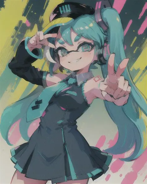 splatoon, hatsune miku as an inkling, idol dress, pleated skirt, blue tie, cute, blushing, dynamic pose, glowing aqua blue eyes, cyberpunk city background:1.2, neon colors, saturated colors, evil smile, <lora:splatoonCharacters_combined:0.7>