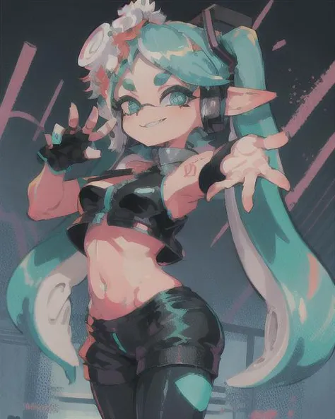 splatoon, hatsune miku as an inkling, cute, dynamic pose, glowing aqua blue eyes, cyberpunk city background, neon colors, saturated colors, crop top, evil smile, <lora:splatoonCharacters_combined:0.7>
