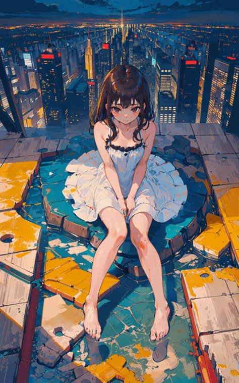 (masterpiece, high quality, highres,Highest picture quality), (Master's work),(close-up:1),from above,
(Depth of field),detailed face,((1loli,a ,solo focus,)),wet black long hair,brown eyes,white dress, (navel:0.8),bare shoulders,bare legs,barefoot,
In the midst of a bustling cityscape, The skyscrapers below her,she appears calm and collected, with an air of quiet confidence about her,wet ground,reflection, reflective floor, starry sky, (wet:0.8),She sat on the edge of a tall watchtower looking out over the city,Foot suspension,
<lora:mochaBeautifulSky_v10:0.5>