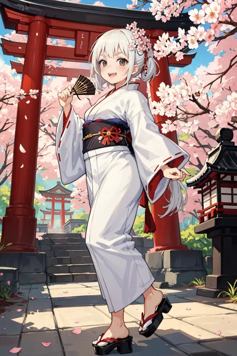 Original Character, Volumetric Lighting, Best Shadows, Shallow Depth of Field, Portrait Of Stunningly Beautiful Girl, Petite, Delicate Beautiful Attractive Face With Alluring Black Eyes, Sharp Eyebrows, Broadly Smiling, Open Mouth, Cute Fangs, Lovely Small Breasts, Layered Medium White Hair, Blush Eyeshadow, Thick Eyelashes, Traditional Floral Long Kimono, Kimono Obi, Okobo Shoes, Holding Oil-Paper Hand Fan, Cherry Blossom Tree, Flower Branch, With Falling Petals, East Asia Architecture, Standing Looking Up In Little Shrine, Torii Gates, Saisen Bako, Stone Lantern, (Highest Quality, Amazing Details:1.25), (Solo:1.3), Brilliant Colorful Paintings