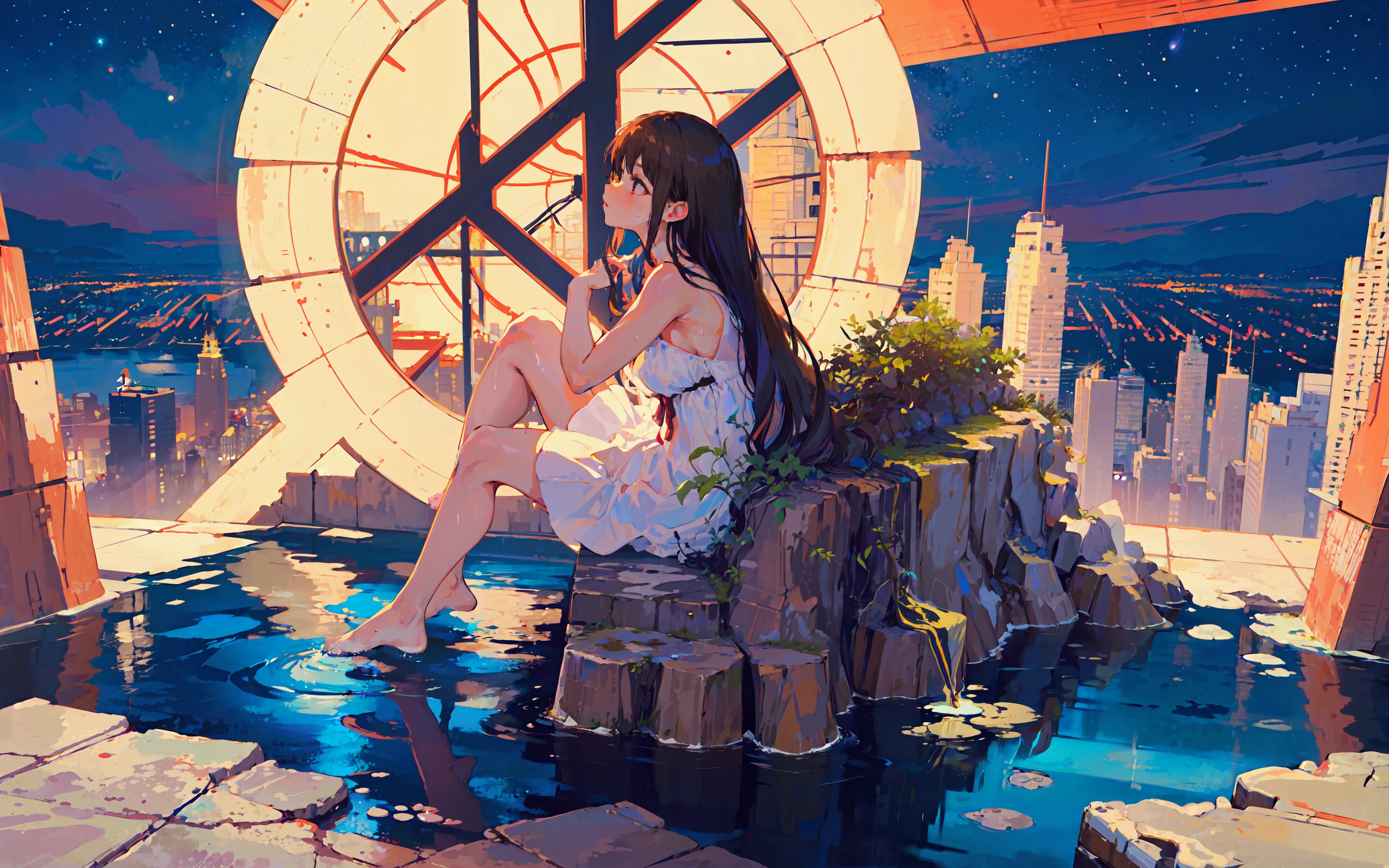 (masterpiece, high quality, highres,Highest picture quality), (Master's work),(close-up:1),from above, from side,
(Depth of field),detailed face,((1loli,a ,solo focus,)),wet black long hair,brown eyes,white dress, (navel:0.8),bare shoulders,bare legs,barefoot,
In the midst of a bustling cityscape, The skyscrapers below her,she appears calm and collected, with an air of quiet confidence about her,wet ground,reflection, reflective floor, starry sky, (wet:0.8),She sat on the edge of a tall watchtower looking out over the city,Foot suspension,
<lora:mochaBeautifulSky_v10:0.5>