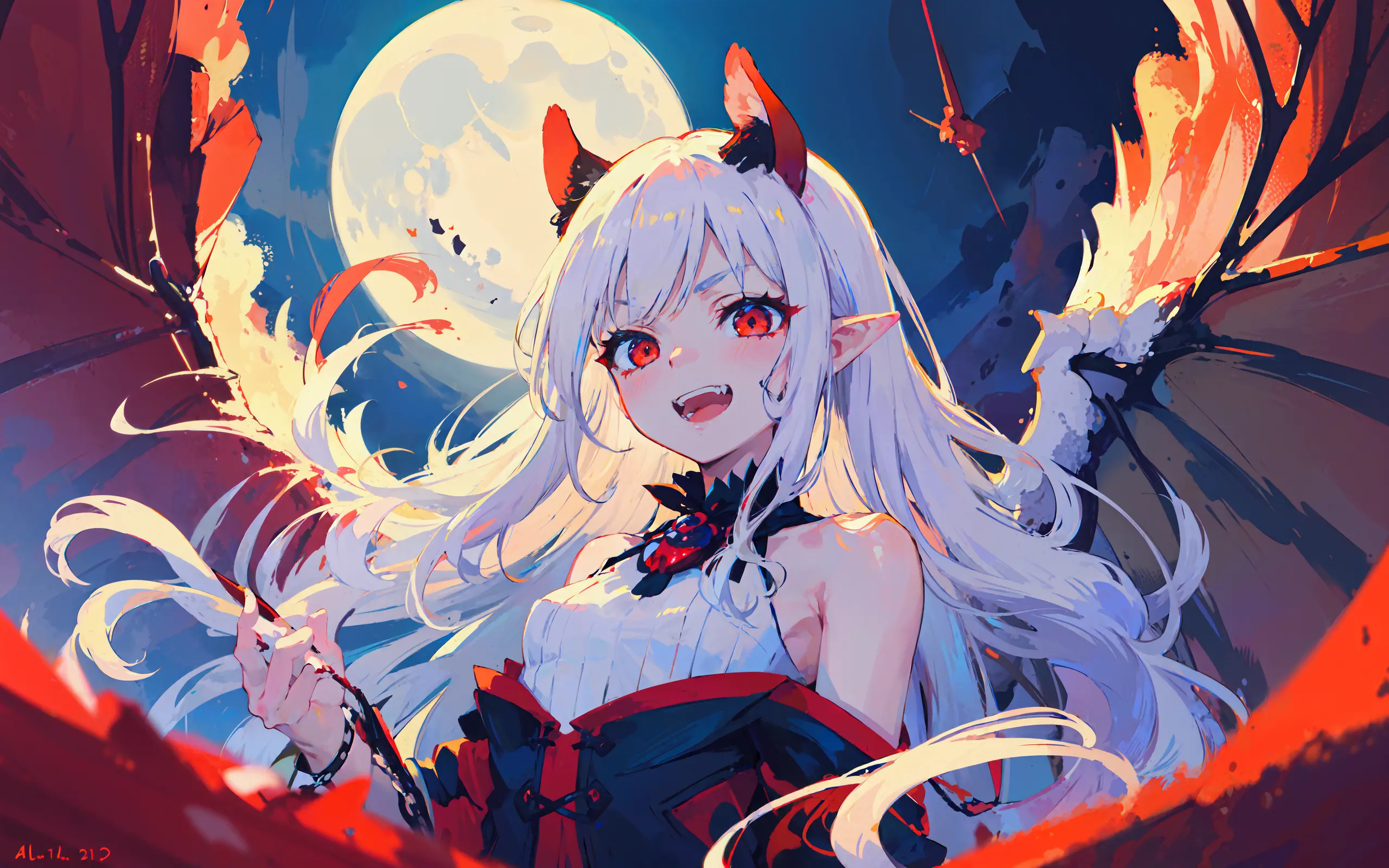 (1loli,solo focus:1.1), blood,
Natural Volumetric Lighting And Best Shadows, Deep Depth Of Field, Sharp Focus,, upper body Of ,Stunningly Beautiful White Demon Girl, Soft Delicate Beautiful Attractive Face With Alluring Sharp Eyes, Black Sclera Red Iris, Lovely Small Breasts, Sharp Eyeliner, (From Below View:1.00), Vicious Grin, Open Mouth With Cute Fangs Out, Windswept Disheveled White Hair, Thick Layered Absurdly Long Hairstyles, Blush Eyeshadow With Thick Eyelashes, Parted Lips, Pale Skin, Pointy Ears, Handcuffs, Red Jewel, White Demon Wings And Black Cat Ears, White Bare Shoulders One-Piece Dress, (Standing Tall, Blue-ish White Aura:1.1), (Moon Over The Castle Panorama:1.15), (Highest Quality, Amazing Details:1.4), Masterpiece, Pastel, Picturesque, Professional Oil Paintings