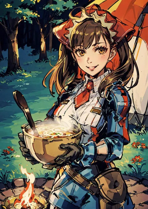 masterpiece, best quality, 1girl, alicia melchiott, headdress, red necktie, military uniform, blue thighhighs, brown gloves, boots, front view, campfire, ((holding out bowl of soup toward viewer)), smiling, grassy field, night, flowers, standing. <lora:yojiShinkawaStyle_offset:1>, <lora:alicia-nvwls-v1-final:1>, military tents, POV, looking at viewer, extremely up close, upper body