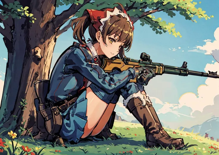 masterpiece, best quality, 1girl, alicia melchiott, headdress, red necktie, military uniform, blue thighhighs, brown gloves, boots, sitting on the ground, side view, eyes closed, leaning against a tree  grassy field background, sun rise, field of flowers<lora:yojiShinkawaStyle_offset:0.8> <lora:alicia-nvwls-v1-final:0.8>, ((bolt-action rifle))