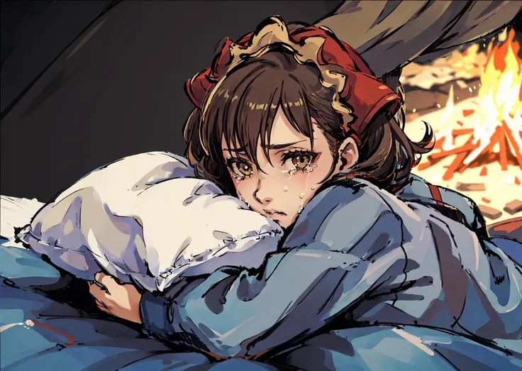 masterpiece, best quality, 1girl, ((alicia melchiott)),headdress, pajamas, brown hair ((laying on side)), side view, crying, bedroll, head on pillow, under blankets, military tent interior background <lora:yojiShinkawaStyle_offset:1>, <lora:alicia-nvwls-v1-final:1>, looking at viewer