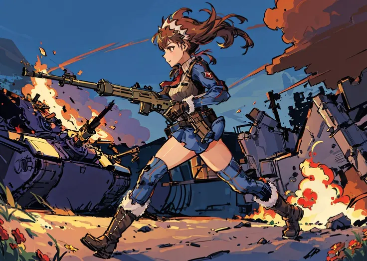 masterpiece, best quality, 1girl, alicia melchiott, headdress, red necktie, military uniform, blue thighhighs, brown gloves, boots, side view, ((running beside tank)), village ruins(fire) background, sun rise, field of flowers, <lora:yojiShinkawaStyle_offset:1>, <lora:alicia-nvwls-v1-final:0.8>, ((bolt-action rifle)),