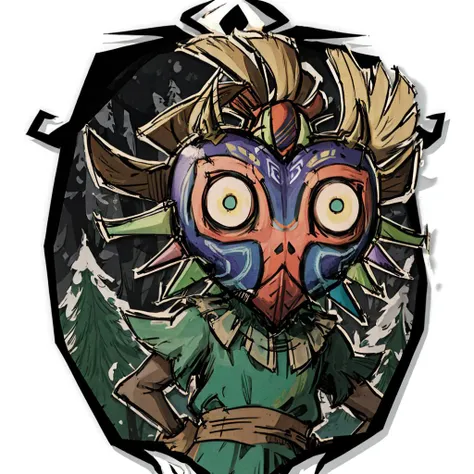 masterpiece, best quality, Skull Kid, forest background, blank eyes, simple background, centered,  <lora:DST_v1-08:1>   <lora:[P]-SkullKid:1>