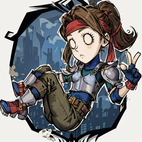 masterpiece, best quality, 1girl, jessie rasberry, headband, armor, blue bodysuit, belt, fingerless gloves, green pants, boots, futuristic city background, blank eyes, simple background, centered  ,  <lora:DST_v1-08:1> <lora:jessie-nvwls-v1-final:1>