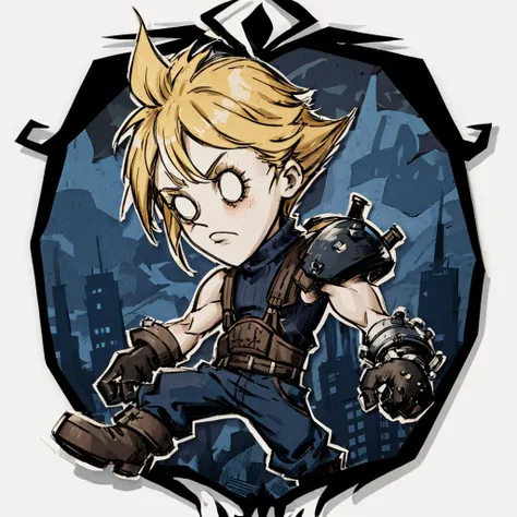 masterpiece, best quality, 1boy, Cloud Strife, shoulder armor, sleeveless turtleneck, suspenders, belt, baggy pants, gloves, bracer, boots, futuristic city background, blank eyes, simple background, centered  <lora:cloudstrife-nvwls-v1-final:1>,  <lora:DST_v1-08:1>