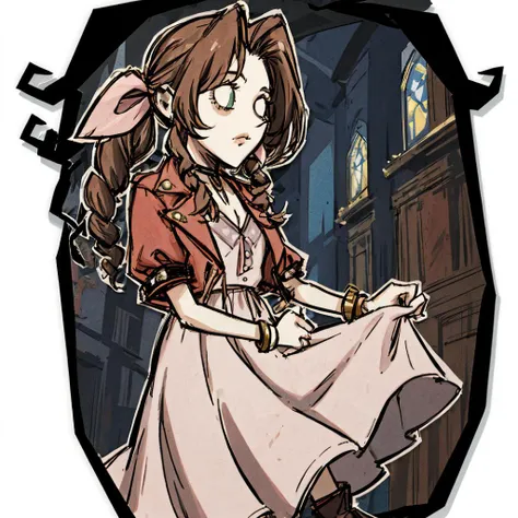 masterpiece, best quality, 1girl, aerith gainsborough, choker, cropped jacket, hair bow, bracelet, pink dress, brown boots, church interior background, blank eyes, simple background, centered, <lora:DST_v1-08:1> <lora:aerith-nvwls-v1-final:1>