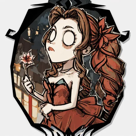 masterpiece, best quality, 1girl, aerith gainsborough, very long hair, hair ribbons, hair flowers, strapless red dress, high heels, slums, neon signs background, blank eyes, simple background, centered, <lora:DST_v1-08:1> <lora:aerith-nvwls-v1-final:1>