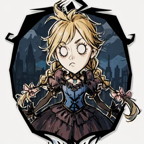masterpiece, best quality, 1boy, Cloud Strife, crossdressing, twin braids, male focus, frilled dress, hair bow, futuristic city background, blank eyes, simple background, centered <lora:cloudstrife-nvwls-v1-final:1>, <lora:DST_v1-08:1>