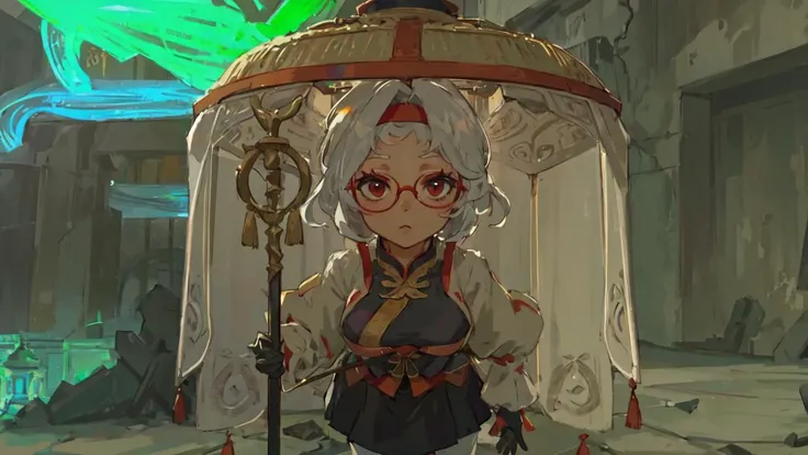 masterpiece, best quality, 1woman, standing, looking at viewer, straw asian hat, ((old)), holding staff, wrinkly, red headband, red glasses, white jacket, black gloves, sleeveless white shirt, black skirt, orange pantyhose, high heels, detailed temple ruins interior background, <lora:purah-nvwls-v1-final:0.6>