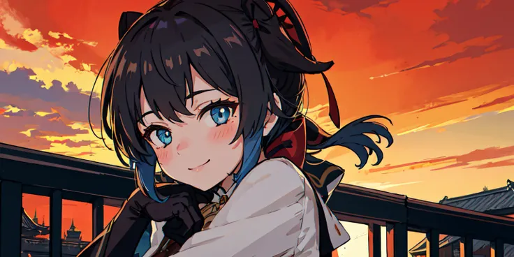 Candid Shot At Girl Picture, Volumetric Lighting, Best Shadows, Shallow Depth of Field, Portrait Of ganyu \(genshin impact\), Delicate Beautiful Attractive Face With Alluring Sharp Blue Eyes, Enjoying The Scenery, smile, Lovely Medium Breasts, Windswept Hair, Hair Ribbon, Blush Eyeshadow, Long Sleeve, Slim Waist, Black Thigh-High Stockings, Red Sky At Night, Clouds, School Rooftop, Under Red Moon, Rooftop Guardrails, Villagescape, Facing Away, Side View of Leaning On Railing, Body in Front, Head Looking at Side, black bodysuit, (Highest Quality, Amazing Details:1.25), (Solo:1.3), Brilliant Colorful Paintings