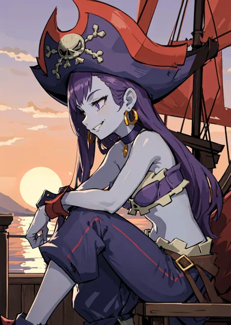 masterpiece:1.2, best quality, risky, blue skin:0.6-0.8, pirate hat, choker, wrist cuffs, hoop earrings, bustier, purple pants, high heels, smirk, teeth, upper body, side view pirate ship deck, knee bent, foot on barrel, evening, sunset  <lora:risky-nvwls-v1-final:0.8>