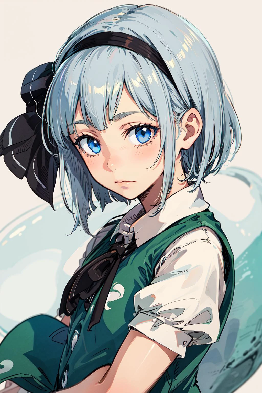 masterpiece, best quality, realistic, <lora:youmu:1>,1girl,konpaku youmu,simple background,blue eyes, closed mouth,