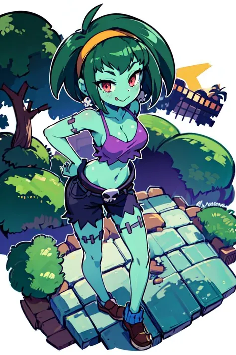 city, cityscape, (full body, colorful, shiny, transparent background, masterpiece, best quality, shiny hair1.2), from above, isometric, facing viewer, (hands on hips), 1girl, <lora:rottytops-nvwls-v1-final:1>, hairband, skull earrings, purple crop top, belt, short shorts, purple socks, boots, tombstone, graveyard, horror \(theme\), forest, smirk, knees apart feet together, night, full moon, starry sky, transparent background, green skin, torn shirt, torn shorts, wide hips, narrow waist, hands on hips, licking lips, white outline, <lyco:GoodHands-alpha3:0.8>,