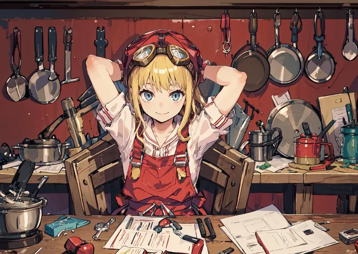 masterpiece:1.2, best quality, 1girl, smile ,hat , goggles, kitchen, mechanics, mechanical, tools, upper body, sitting at table, papers on table, arms behind head, stretching <lora:tita:0.8>