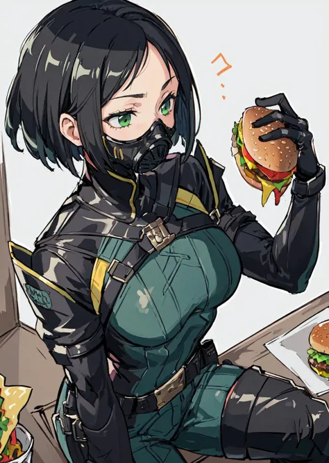 masterpiece:1.2, best quality, 1girl, solo, valorantviper, green bodysuit, elbow gloves, belt, thigh boots, ((gasmask)), confused expression, two handing a burger, cheeseburger, eating, mess hall, up close, face focus, <lora:viper-nvwls-v1-final:0.8>,