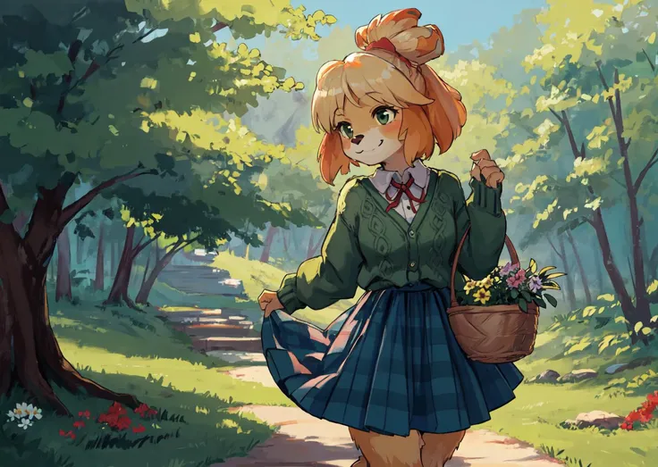 masterpiece:1.2, best quality, isacrossing, topknot, green cardigan, white shirt, blue skirt, red ribbon, checkered pattern, anthro, furry, furry female, forest, picking flowers, basket, smiling, <lora:isabelleAnimalCrossingV2:0.8> <lora:styleDagashiDaga2626_e04:0.6>
