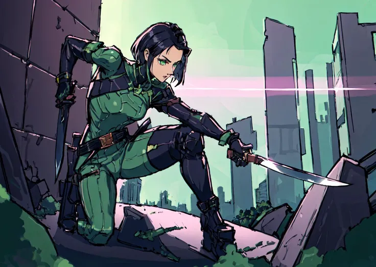masterpiece:1.2, best quality, 1girl, solo,valorantviper, green bodysuit, elbow gloves, belt, thigh boots,, city ruins, crouched, combat knife, up close, (Yor Knife:1.2) <lora:viper-nvwls-v1-final:0.8>, <lora:yojiShinkawaStyle_offset:0.8>, <lyco:UnlimitedBladeWorksv0.2:0.8>