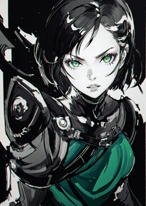 masterpiece:1.2, best quality, 1girl, solo, valorantviper, ((green bodysuit)), elbow gloves, belt, thigh boots, dark room, dim lighting, up close, face focus, <lora:viper-nvwls-v1-final:0.8>, <lora:yojiShinkawaStyle_offset:0.8>, green eyes