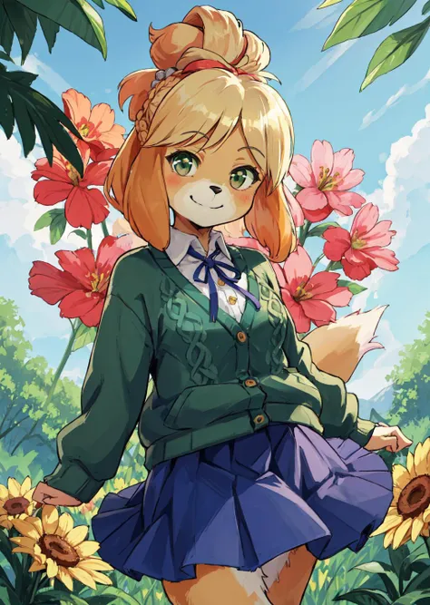 masterpiece:1.2, best quality, isacrossing, topknot, green cardigan, white shirt, blue skirt, red ribbon, checkered pattern, anthro, furry, furry female, forest, giving flower, centered, looking at viewer smiling,  <lora:isabelleAnimalCrossingV2:0.8> <lora:styleDagashiDaga2626_e04:0.6>