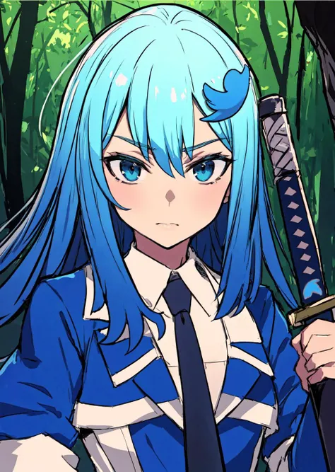 masterpiece:1.2, best quality, twitter-chan, hair ornament, white shirt, black long-sleeve shirt, layered sleeves, necktie, blue skirt, black thighhighs, <lora:twitterchan-nvwls-v1-final:0.9>, verdant green, forests, panoramic, horizon shot, looking at viewer, sundown, side view, full body, holding katana, hand on hilt, <lyco:UnlimitedBladeWorksv0.2:1.0>