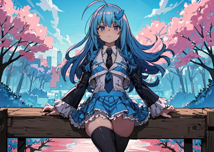 masterpiece:1.2, best quality, twitter-chan, hair ornament, white shirt, black long-sleeve shirt, layered sleeves, necktie, blue skirt, black thighhighs, <lora:twitterchan-nvwls-v1-final:0.9>, purple flowers, purple trees, panoramic, horizon shot, looking at viewer,